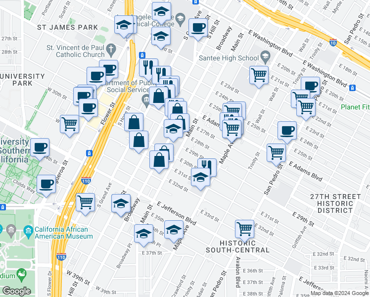 map of restaurants, bars, coffee shops, grocery stores, and more near 2801 South Main Street in Los Angeles