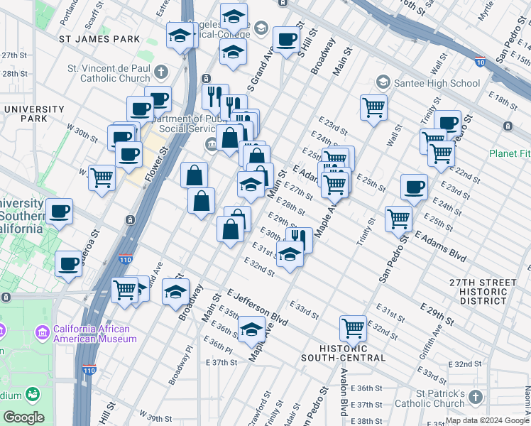 map of restaurants, bars, coffee shops, grocery stores, and more near 2801 South Main Street in Los Angeles