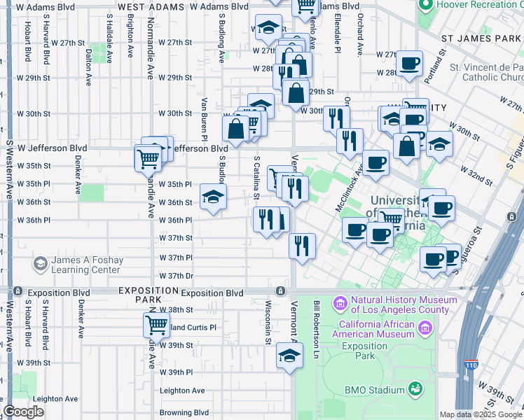 map of restaurants, bars, coffee shops, grocery stores, and more near 1138 West 36th Street in Los Angeles