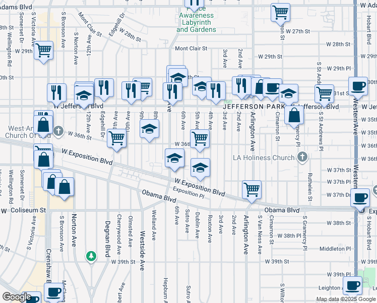 map of restaurants, bars, coffee shops, grocery stores, and more near 2511 West 36th Street in Los Angeles
