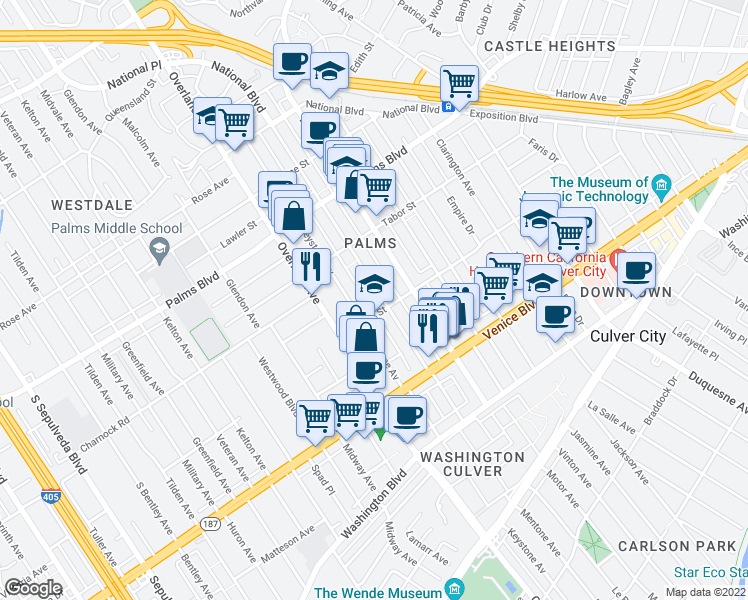 map of restaurants, bars, coffee shops, grocery stores, and more near 3662 Mentone Avenue in Los Angeles