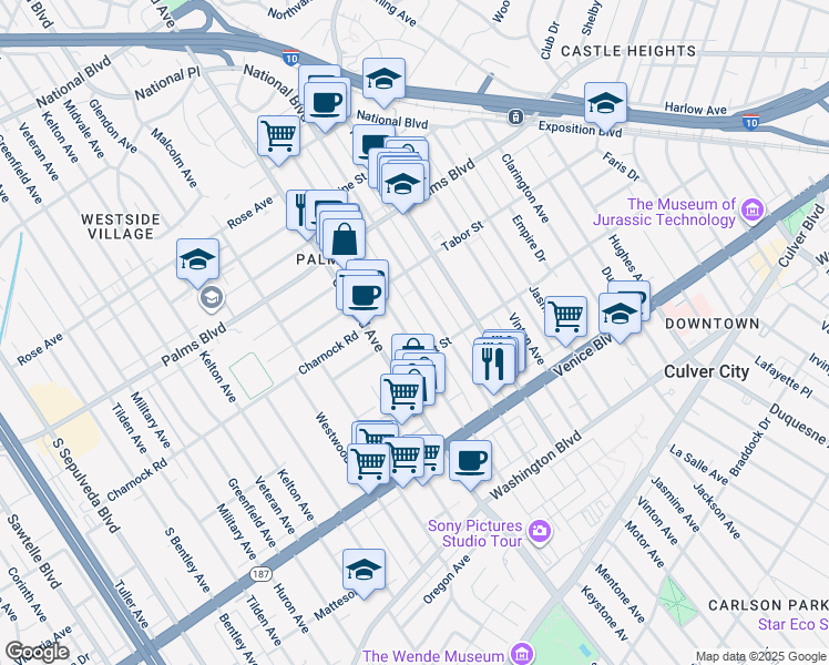 map of restaurants, bars, coffee shops, grocery stores, and more near 3636 Keystone Avenue in Los Angeles