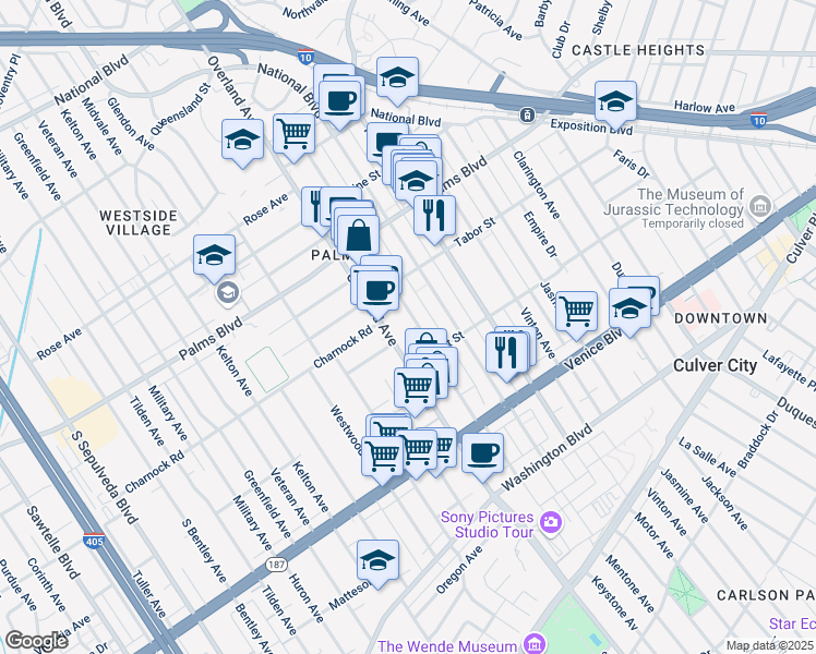 map of restaurants, bars, coffee shops, grocery stores, and more near 3636 Keystone Avenue in Los Angeles