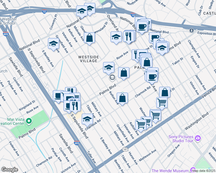 map of restaurants, bars, coffee shops, grocery stores, and more near 10860 Woodbine Street in Los Angeles