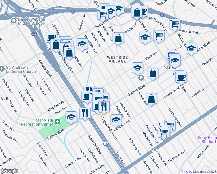 map of restaurants, bars, coffee shops, grocery stores, and more near 10974 Rose Avenue in Los Angeles