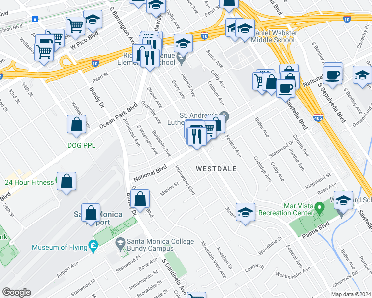 map of restaurants, bars, coffee shops, grocery stores, and more near 2834 Stoner Avenue in Los Angeles