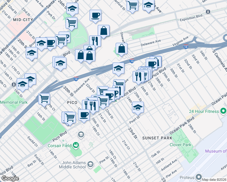 map of restaurants, bars, coffee shops, grocery stores, and more near 2009 Cloverfield Boulevard in Santa Monica