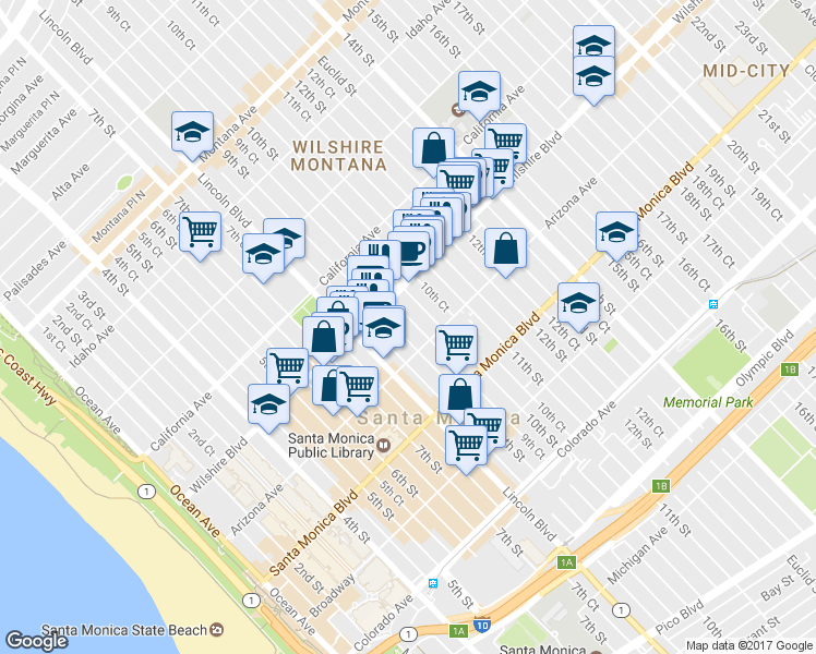 map of restaurants, bars, coffee shops, grocery stores, and more near in Santa Monica