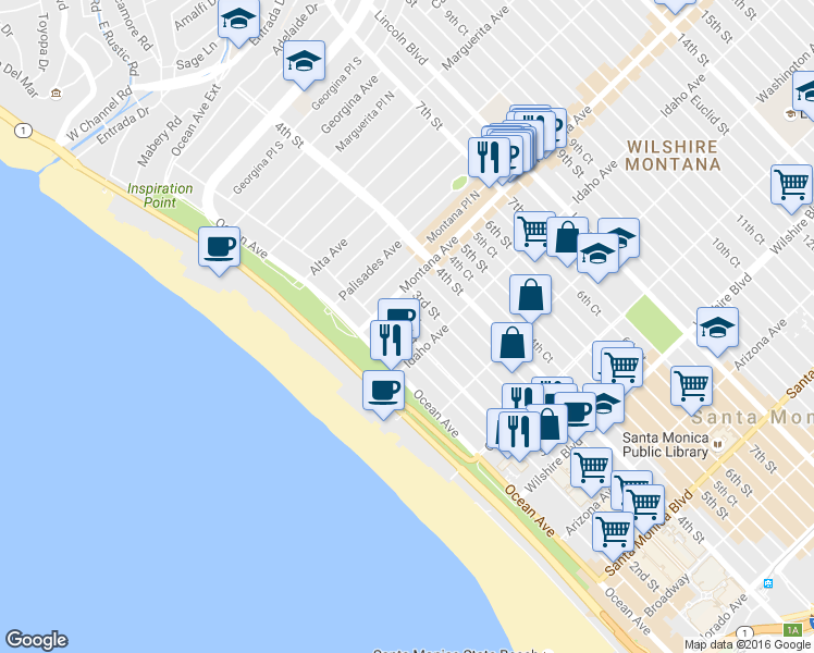 map of restaurants, bars, coffee shops, grocery stores, and more near 801 2nd Street in Santa Monica