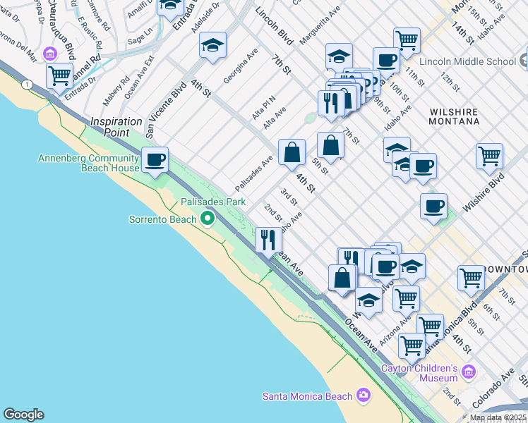 map of restaurants, bars, coffee shops, grocery stores, and more near 801 2nd Street in Santa Monica