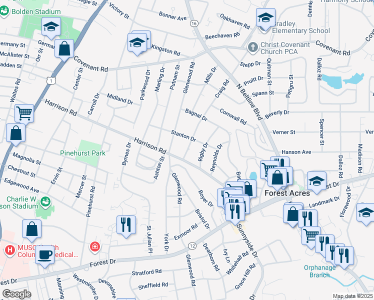 map of restaurants, bars, coffee shops, grocery stores, and more near 2433 Craig Road in Columbia
