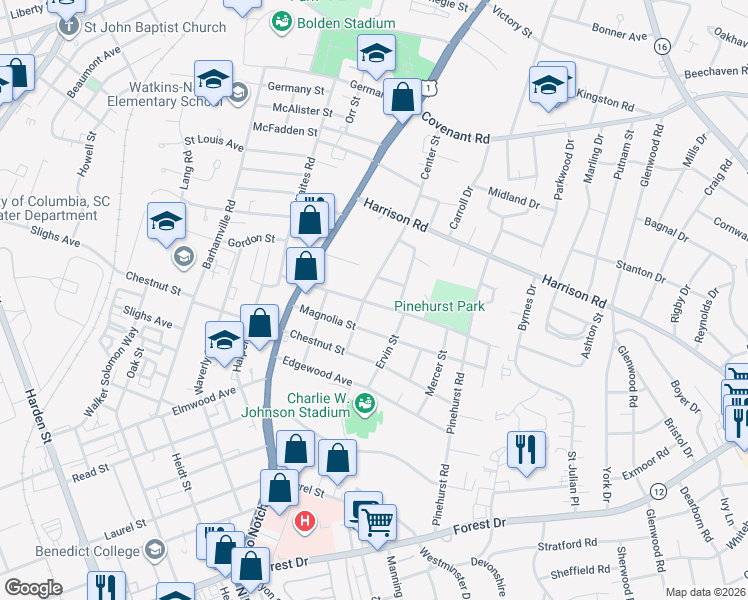 map of restaurants, bars, coffee shops, grocery stores, and more near 2319 Center Street in Columbia
