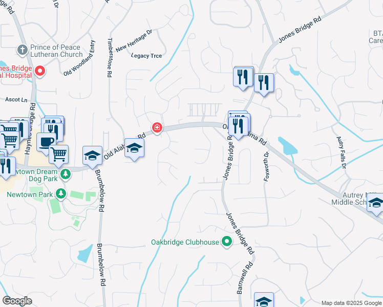 map of restaurants, bars, coffee shops, grocery stores, and more near 350 Scarborough Way in Alpharetta