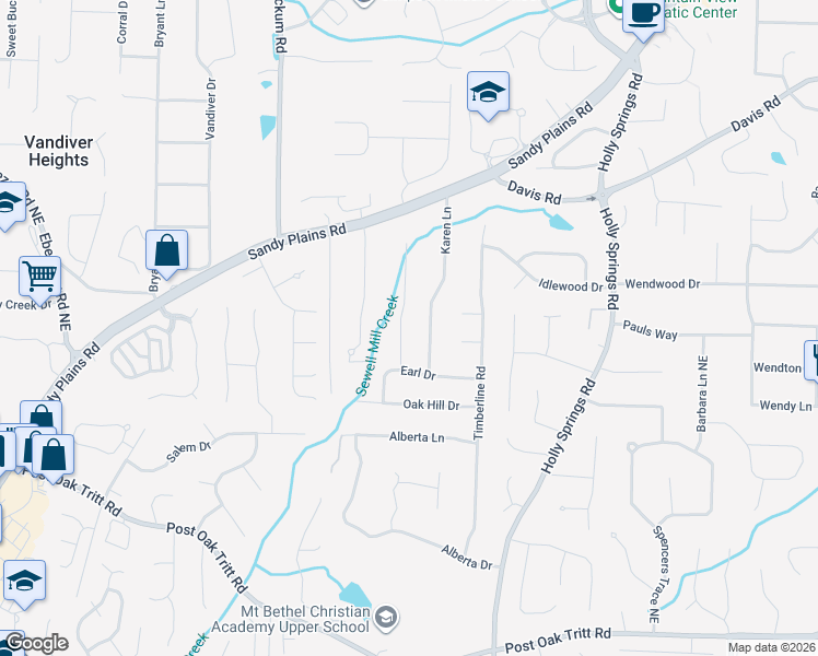 map of restaurants, bars, coffee shops, grocery stores, and more near 2993 Karen Lane in Marietta