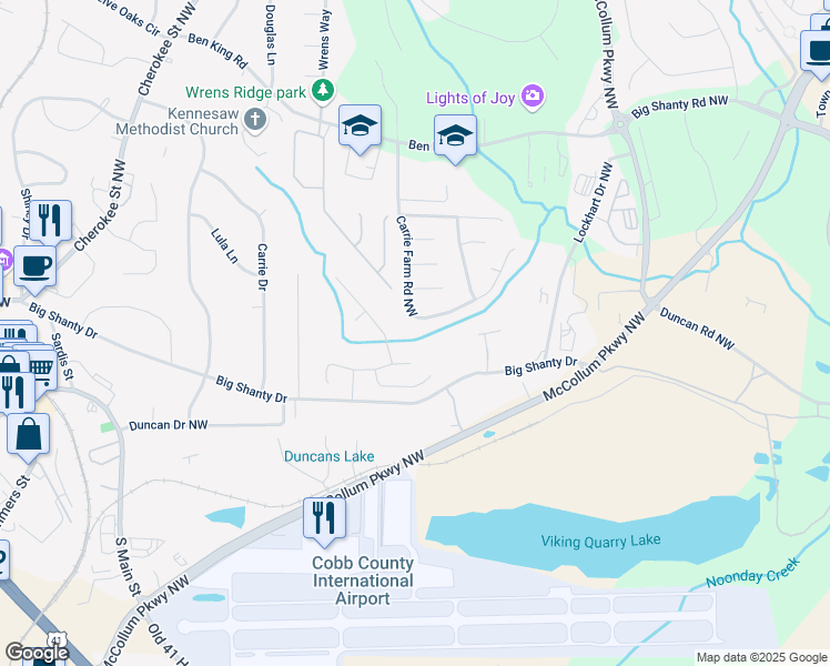 map of restaurants, bars, coffee shops, grocery stores, and more near 2965 Carrie Farm Road Northwest in Kennesaw