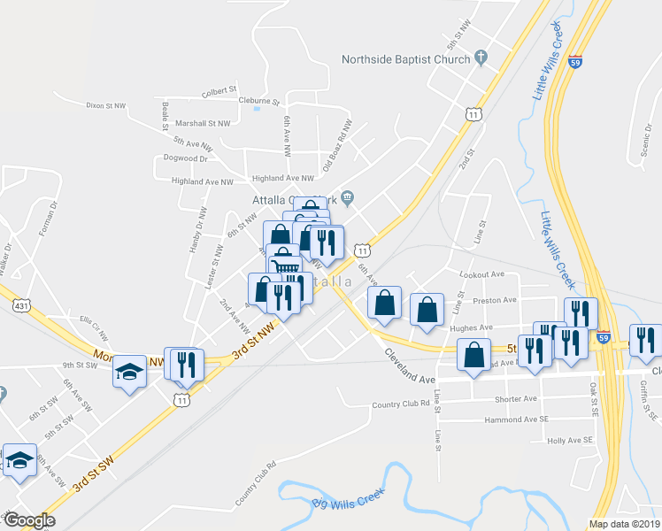map of restaurants, bars, coffee shops, grocery stores, and more near 315 5th Avenue Northwest in Attalla