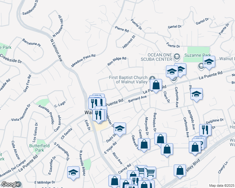 map of restaurants, bars, coffee shops, grocery stores, and more near 20235 Burnt Tree Lane in Walnut