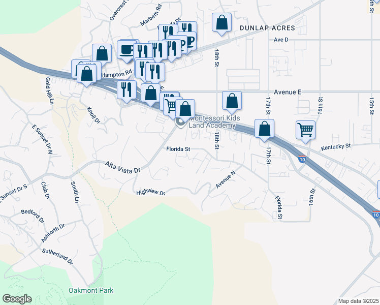 map of restaurants, bars, coffee shops, grocery stores, and more near 31607 Florida Street in Redlands
