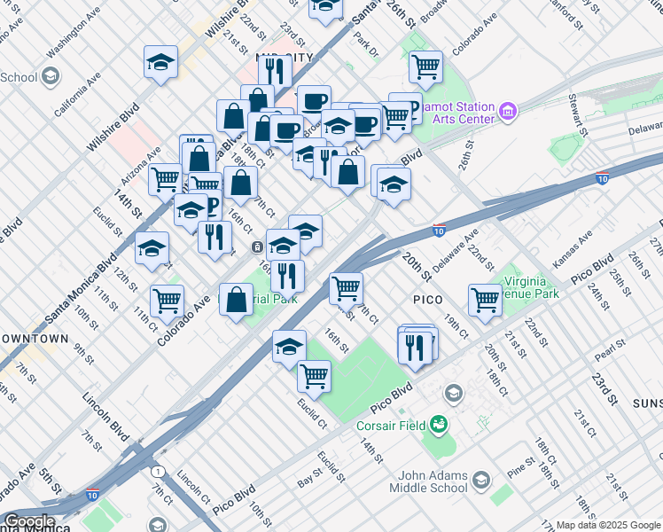 map of restaurants, bars, coffee shops, grocery stores, and more near 1749 Olympic Boulevard in Santa Monica