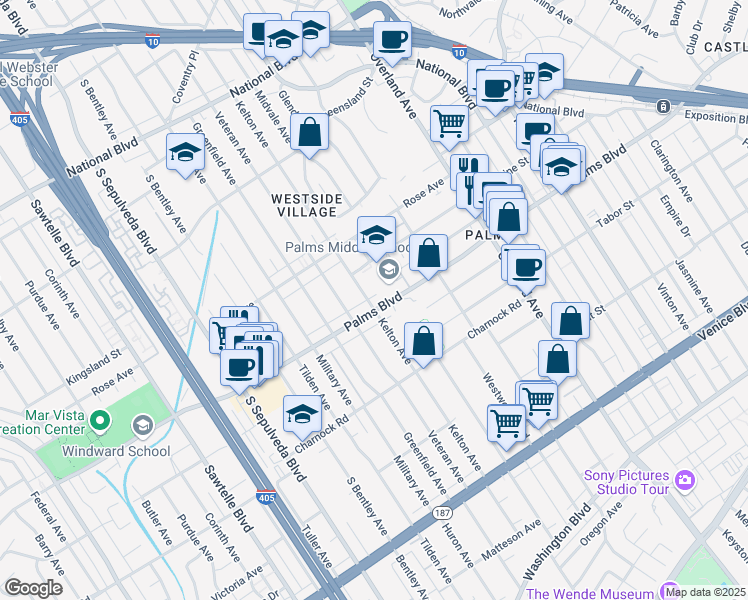 map of restaurants, bars, coffee shops, grocery stores, and more near 10883 Palms Boulevard in Los Angeles