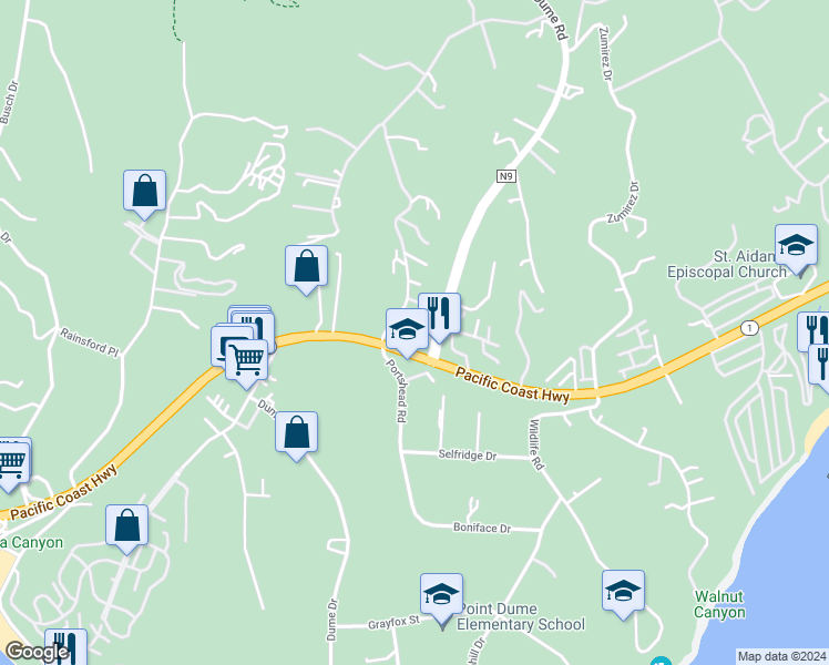 map of restaurants, bars, coffee shops, grocery stores, and more near 6488 Cavalleri Road in Malibu