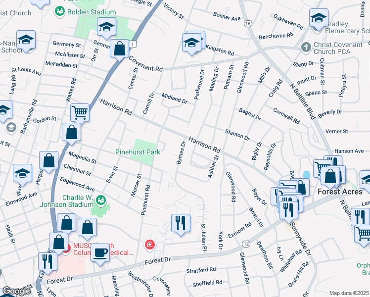 map of restaurants, bars, coffee shops, grocery stores, and more near 2354 Byrnes Drive in Columbia