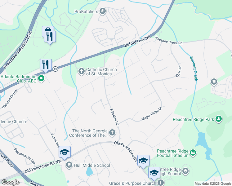 map of restaurants, bars, coffee shops, grocery stores, and more near 3474 South Scales Road in Suwanee