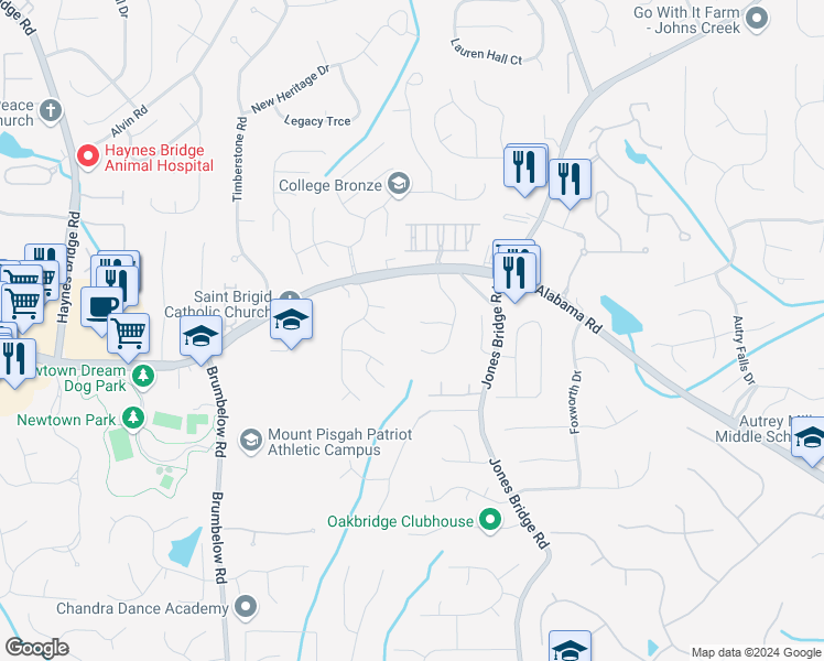map of restaurants, bars, coffee shops, grocery stores, and more near 350 Scarborough Way in Alpharetta