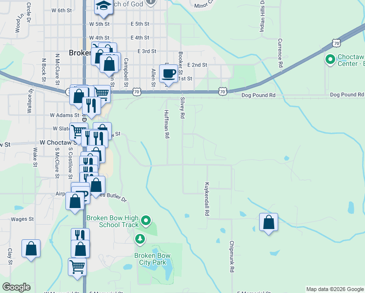 map of restaurants, bars, coffee shops, grocery stores, and more near Silvey Road in Broken Bow
