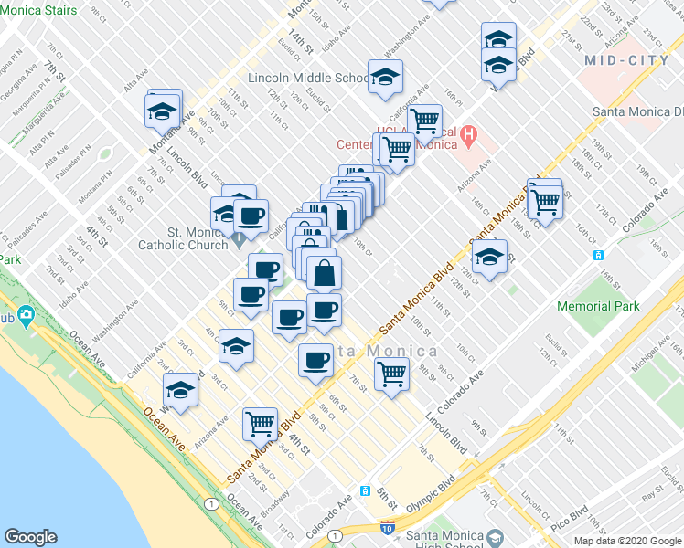 map of restaurants, bars, coffee shops, grocery stores, and more near 1231 9th Street in Santa Monica
