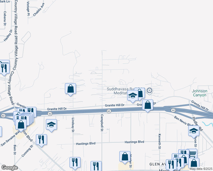 map of restaurants, bars, coffee shops, grocery stores, and more near 3604 Campbell Street in Riverside