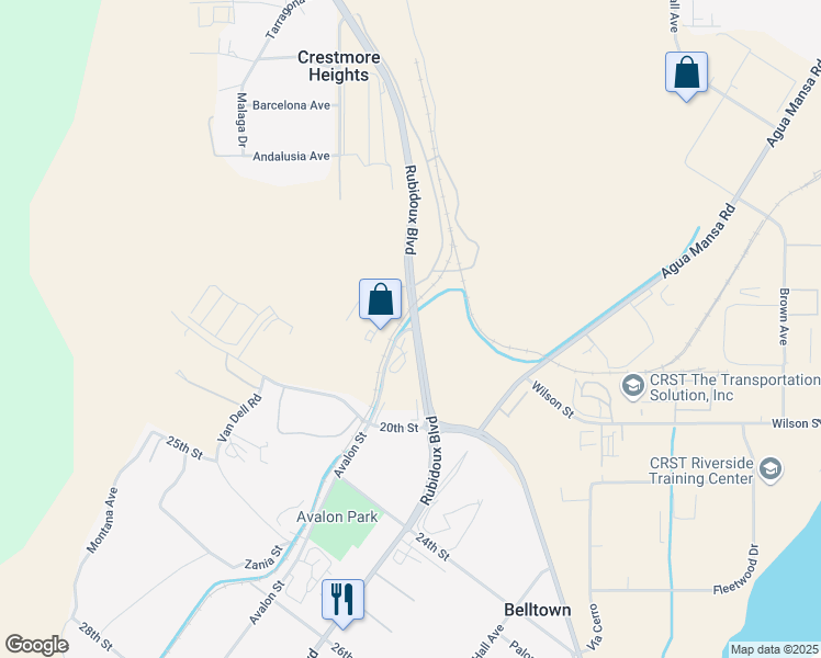 map of restaurants, bars, coffee shops, grocery stores, and more near 1806 Avalon Street in Riverside