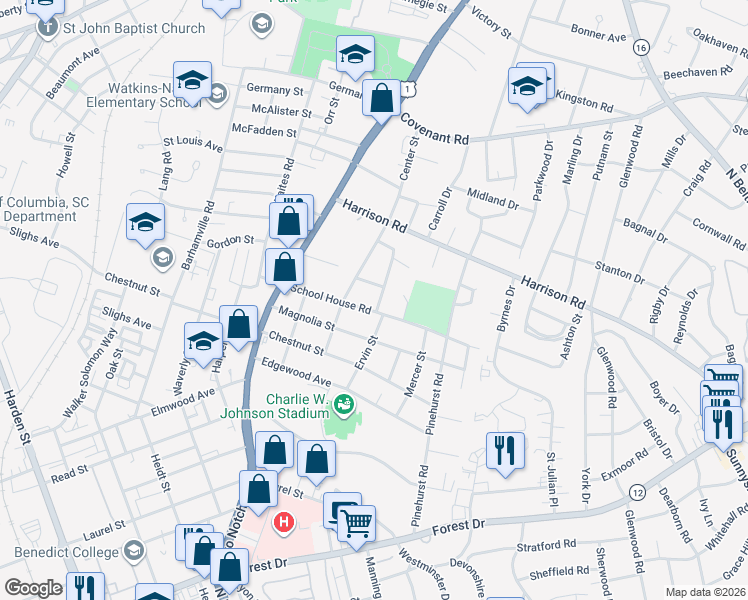 map of restaurants, bars, coffee shops, grocery stores, and more near 2303 Ervin Street in Columbia