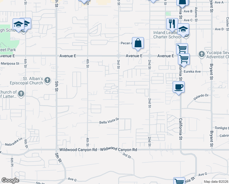 map of restaurants, bars, coffee shops, grocery stores, and more near 12710 3rd Street in Yucaipa
