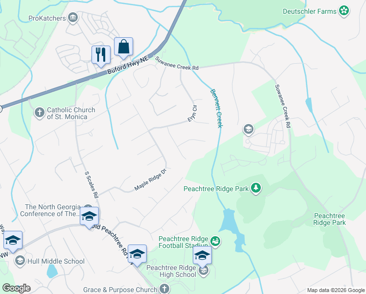 map of restaurants, bars, coffee shops, grocery stores, and more near 1429 Dunsford Circle Northwest in Suwanee