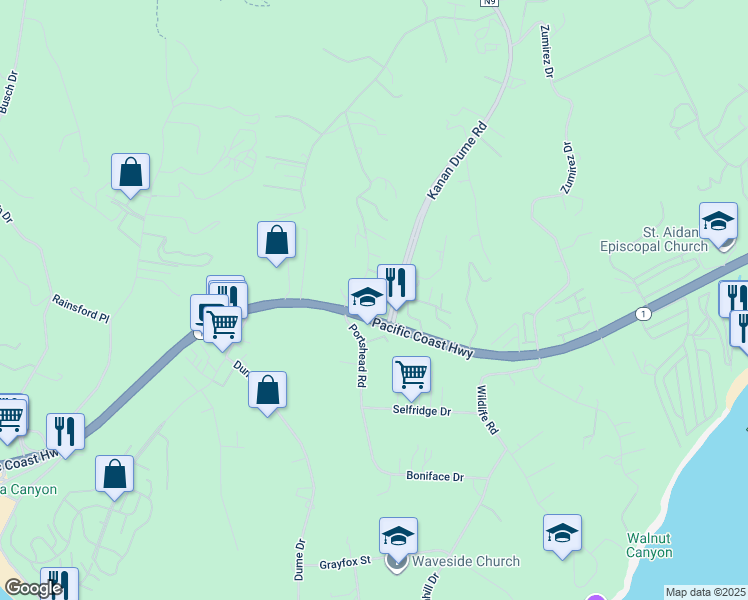 map of restaurants, bars, coffee shops, grocery stores, and more near 6466 Cavalleri Road in Malibu