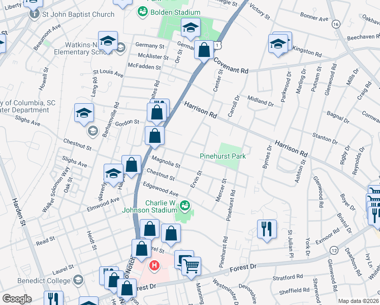map of restaurants, bars, coffee shops, grocery stores, and more near 2319 Center Street in Columbia