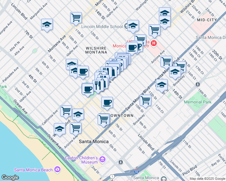 map of restaurants, bars, coffee shops, grocery stores, and more near 1231 9th Street in Santa Monica