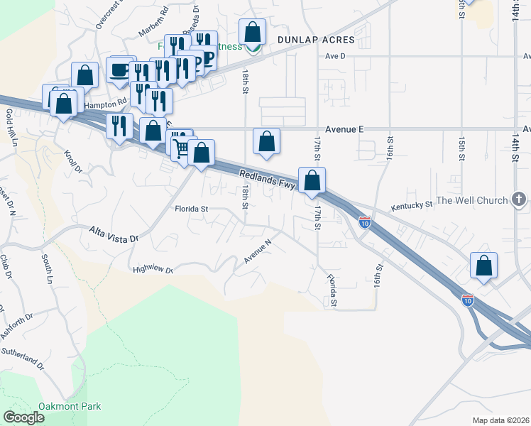 map of restaurants, bars, coffee shops, grocery stores, and more near 31750 Florida Street in Redlands