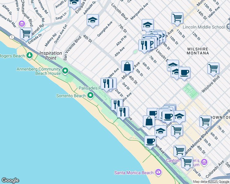 map of restaurants, bars, coffee shops, grocery stores, and more near 801 2nd Street in Santa Monica