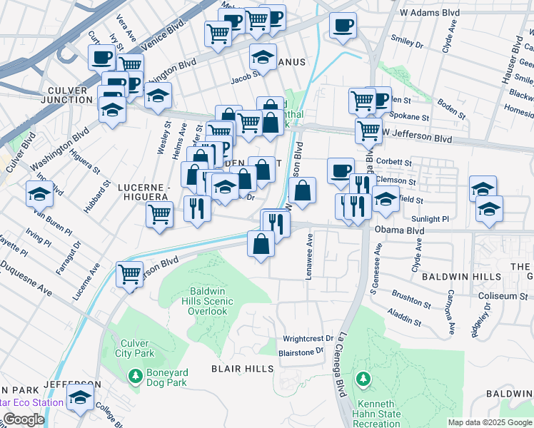 map of restaurants, bars, coffee shops, grocery stores, and more near 3625-3677 Eastham Dr in Culver City