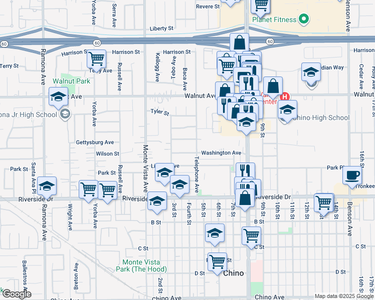 map of restaurants, bars, coffee shops, grocery stores, and more near 5056 Washington Avenue in Chino