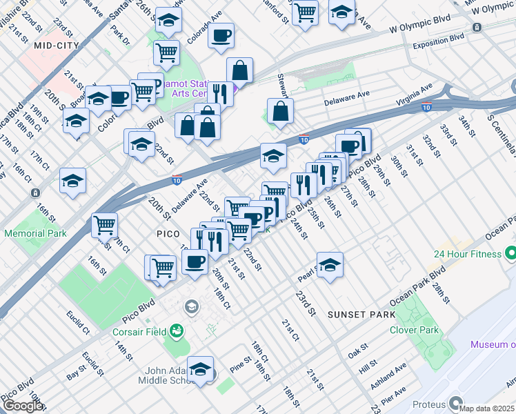 map of restaurants, bars, coffee shops, grocery stores, and more near 2033 Cloverfield Boulevard in Santa Monica