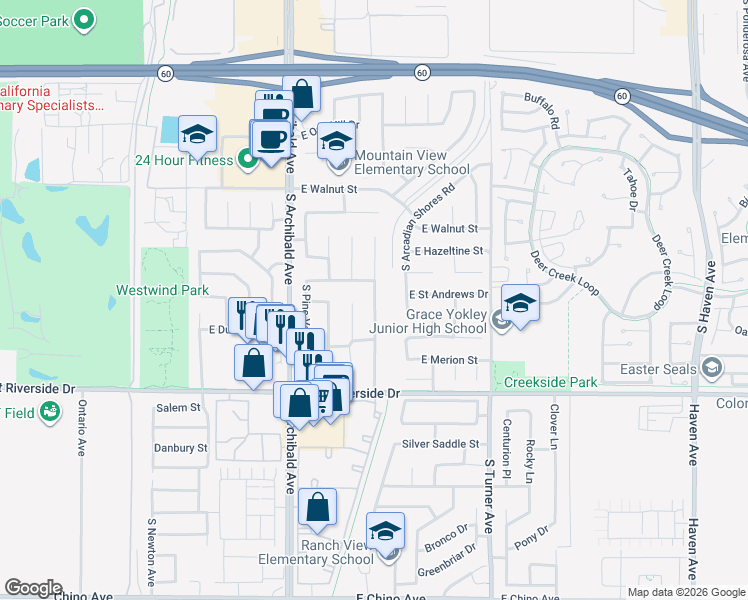 map of restaurants, bars, coffee shops, grocery stores, and more near 2808 South Desert Forest Avenue in Ontario
