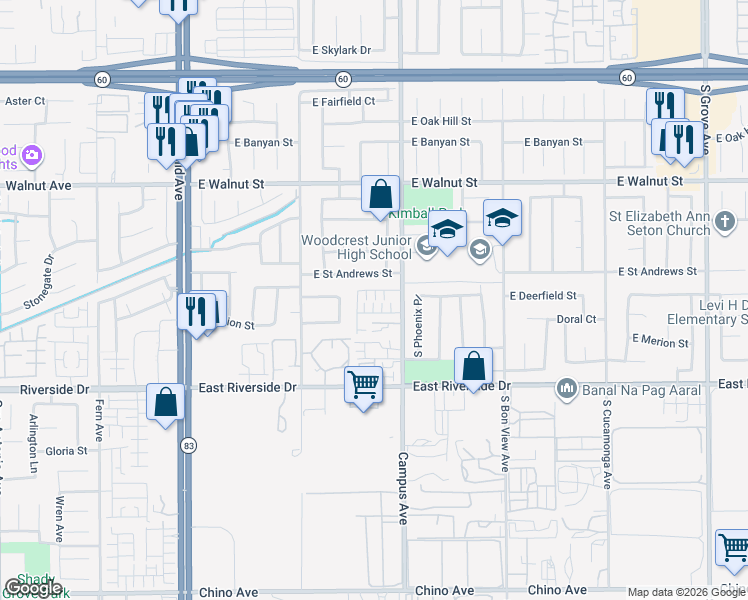 map of restaurants, bars, coffee shops, grocery stores, and more near 648 East Madeleine Privado in Ontario
