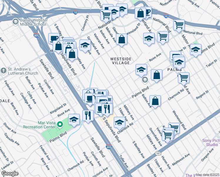map of restaurants, bars, coffee shops, grocery stores, and more near 11010 Rose Avenue in Los Angeles