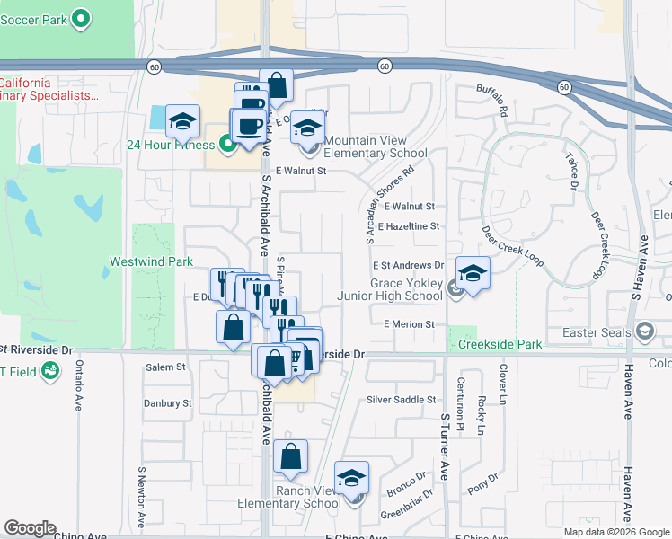 map of restaurants, bars, coffee shops, grocery stores, and more near 2808 South Desert Forest Avenue in Ontario