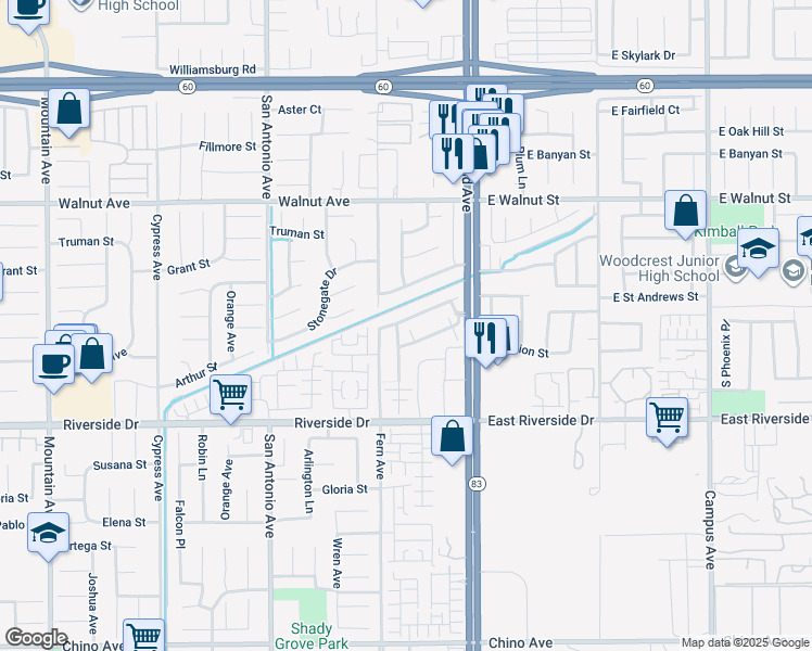 map of restaurants, bars, coffee shops, grocery stores, and more near 355 West Saint Andrews Street in Ontario