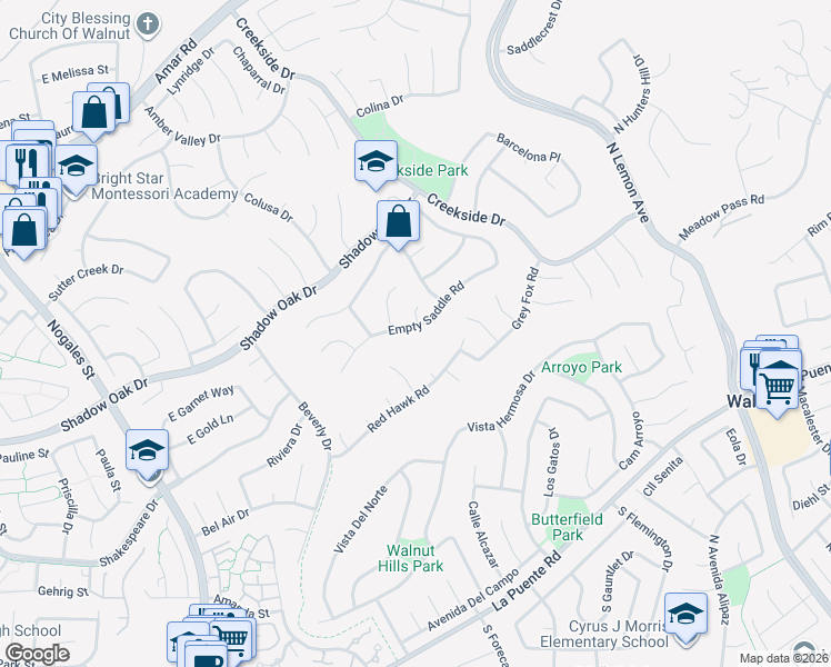 map of restaurants, bars, coffee shops, grocery stores, and more near 19450 Empty Saddle Road in Walnut