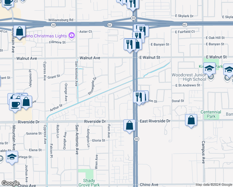 map of restaurants, bars, coffee shops, grocery stores, and more near 355 West Saint Andrews Street in Ontario